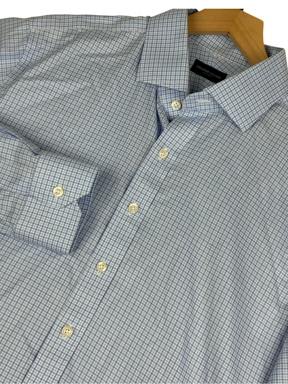 Proper Cloth Dress Shirt Mens 17.5 Blue Plaid Check Long Sleeve Office Business